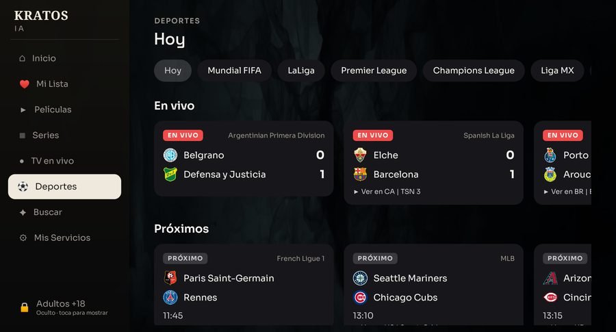 KRATOS IA sports screen on a television: the day’s matches on a single view, those live now and those coming up