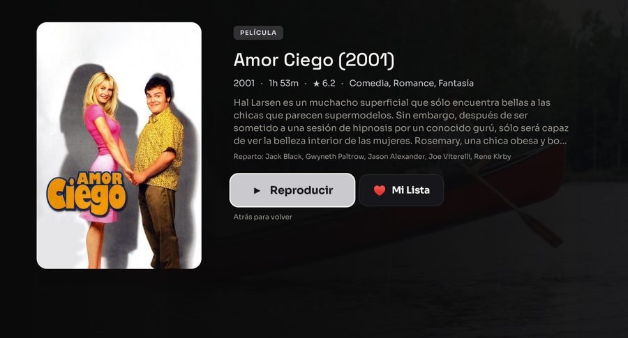 A detail page with synopsis, running time, rating and cast before you hit Play.