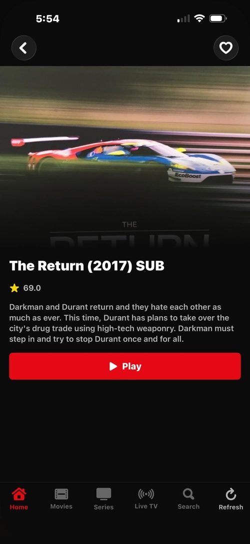 A film’s page on an iPhone, with its synopsis and the play button