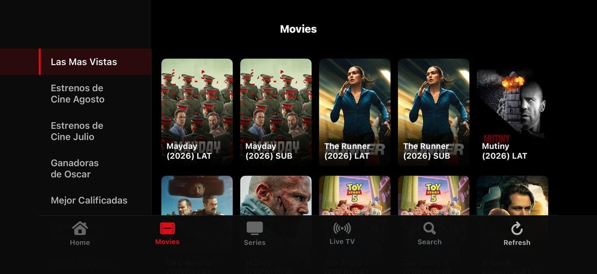 The app’s movies section on an iPhone held sideways, with categories down the left and cover art in a grid
