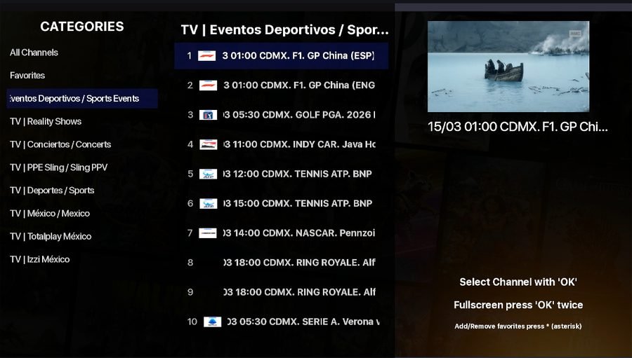 A live channel guide by category, with the preview alongside.