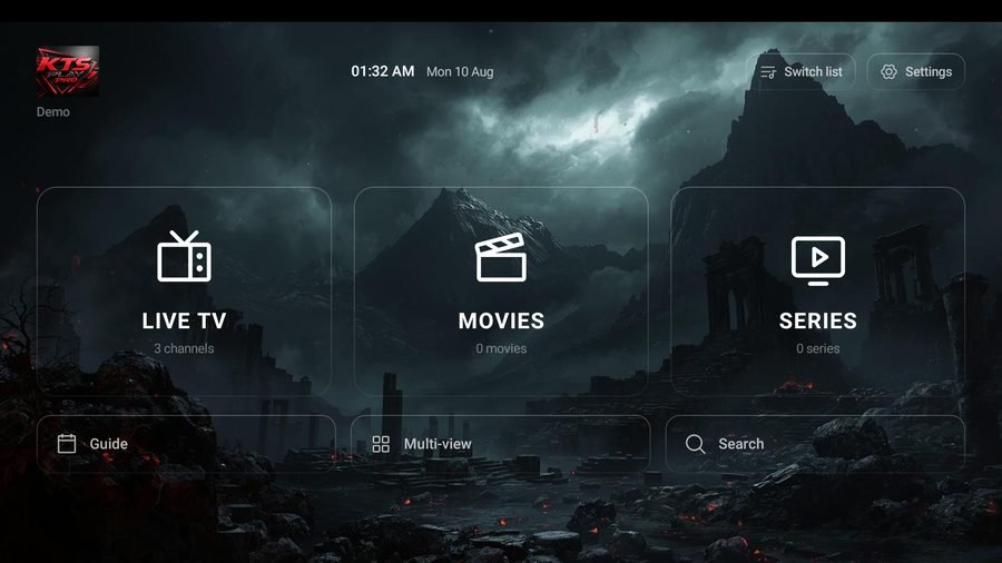 Pantalla de inicio de una app de streaming en un televisor, con secciones de TV en vivo, películas y series