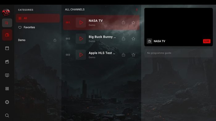 Pantalla de TV en vivo con la lista de canales y la vista previa